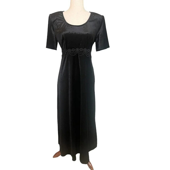 Vintage Velvet Dress Sz 8 Black Lace Maxi 90s Gothic Witchy Long Dark Romantic - Picture 1 of 13
